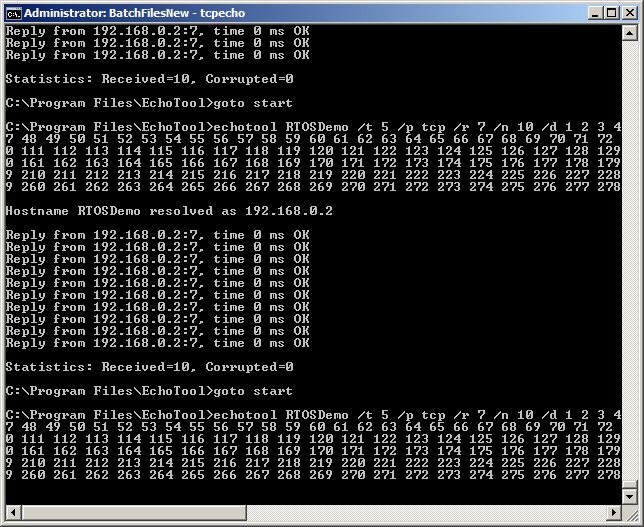 Using echotool to send echo requests to the FreeRTOS+TCP echo server