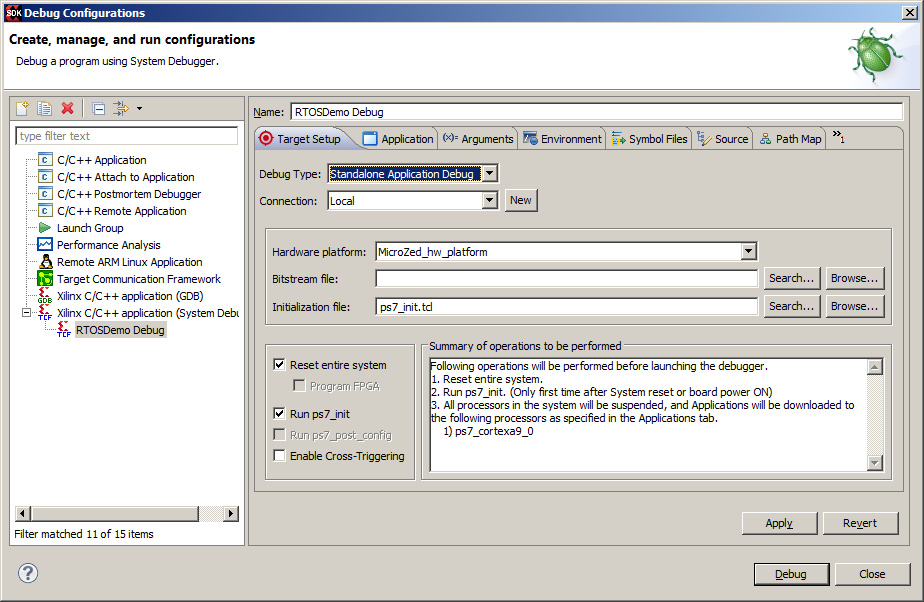 RTOS TCP/IP debug configuration 1