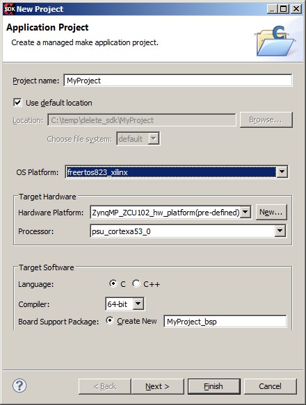 The required New Project settings to create a Cortex-A53 RTOS project