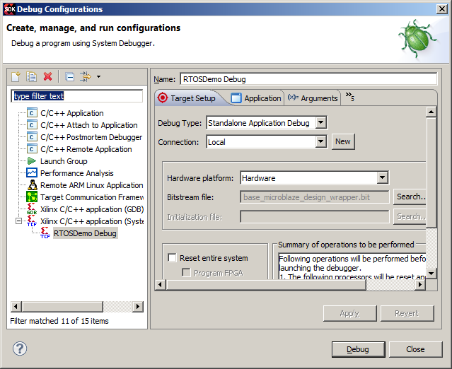 Kintex FPGA MicroBlaze RTOS target setup tab