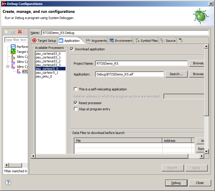 ARM Cortex-R5 RTOS demo Eclipse application tab