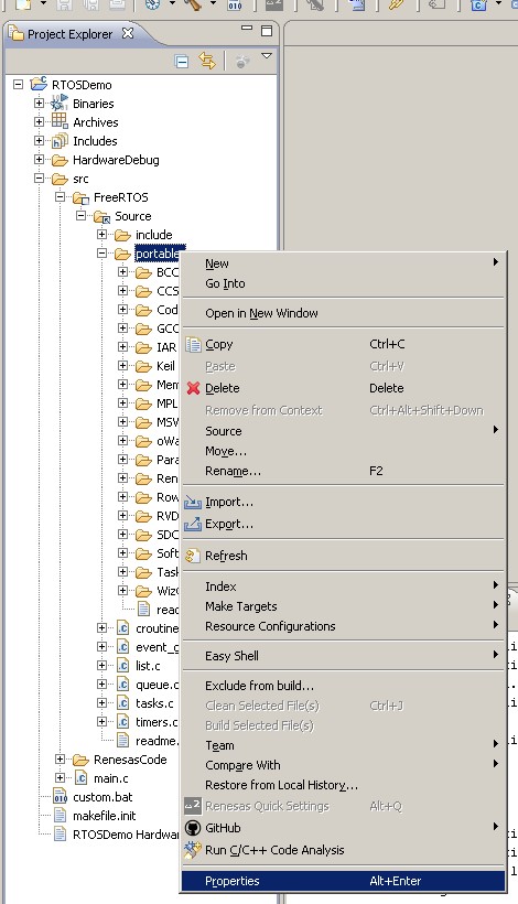 View the properties of the RTOS source code directory