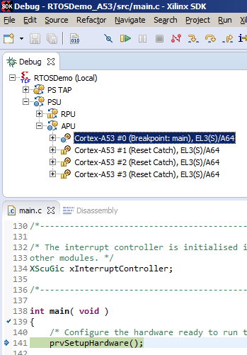 Selecting the ARM Cortex-A53 core in order to debug the RTOS project