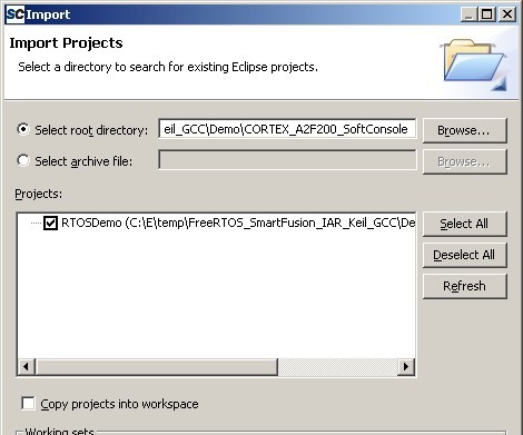 SoftConsole Actel Microsemi Compiler Importing Project